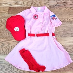 Girls 5/6 Rockford Peaches A League of Their Own Costume Belt Hat Socks Pet Free